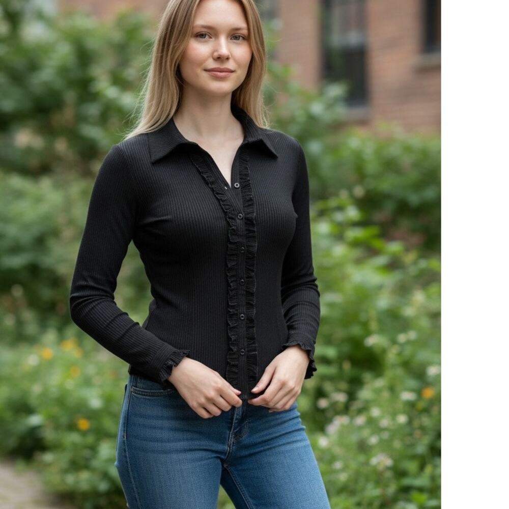 Westbound Corduroy Button Down blouse wrinkle free black Top Size XL